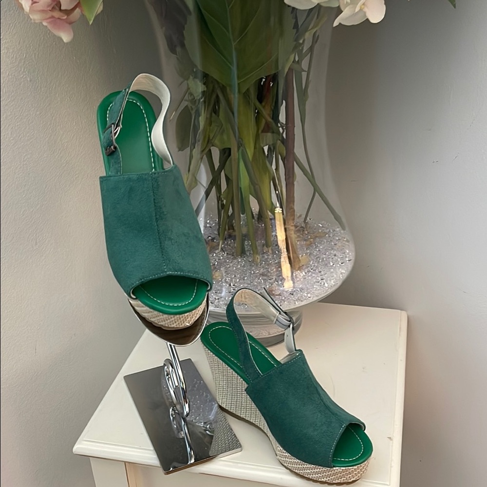 Green Suede Peep-Toe Wedge Slingbacks